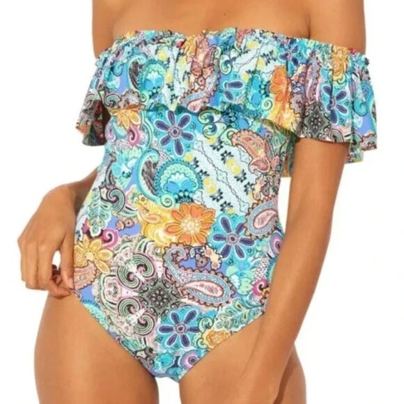 Bleu Rod Beattie Colorful Floral Paisley Ruffle Teal Blue One-Piece Swimsuit. 10 - Picture 1 of 14